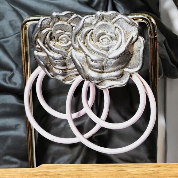 Vtg Pewter 3D Metal Rose Earrings Baby Pink Double Loops Romantic Roses Flower - Picture 3 of 11